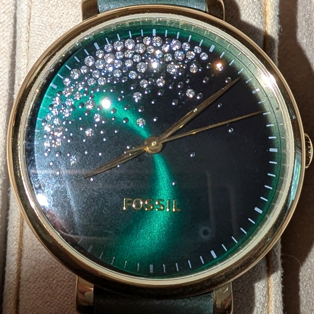 Fossil Green and Gold Watch with Crystal Accents